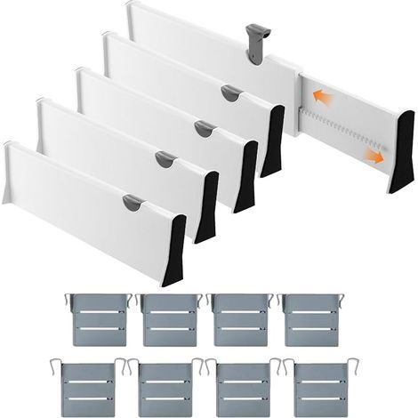 Lot de 5 Separateur Tiroirs Réglable, Organisateur Extensible 37.6-54cm, Séparateur Tiroir Plastique Hauteur 10cm, Commode Ajustable pour Bureau, Cuisine, Salle Bain, Chambre Coucher, Armoire (Blanc) (1/5)