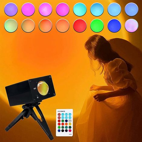 Sonnenuntergangslampe, 180°-Drehung, Sonnenuntergangsprojektion, 16 Farben einstellbare Helligkeit, Innenstimmungsbeleuchtung für Selfie, Schlafzimmer, Wohnzimmer, Party (1/5)