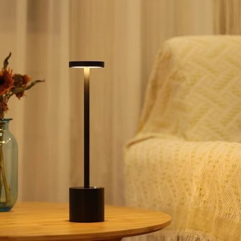 Noir Lampe De Table Sans Fil Led, Petite Lampe De Bureau En Métal Rechargeable, 2 Niveaux De Gradation, Hôtel Moderne Restaurant Chambre À Coucher (1/5)