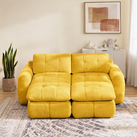 Canapé modulable jaune en chenille 2 places avec 2 poufs (1/5)