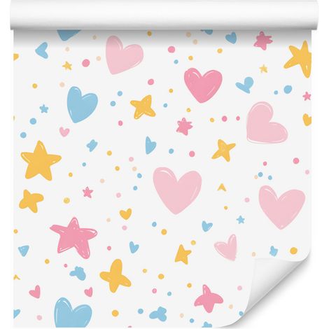 Papier peint Love blanc, rose poudré, crème et bleu azur 50x1000 cm (1/5)