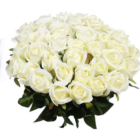 10 roses artificielles en soie, tige unique, roses soufflées pour bouquet de mariée, mariage, anniversaire, décoration intérieure et extérieure - Blanches