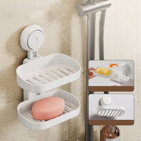 Porte-savon à double étage, fixation par ventouse, sans perçage, blanc, rangement pour salle de bain et cuisine (1/4)