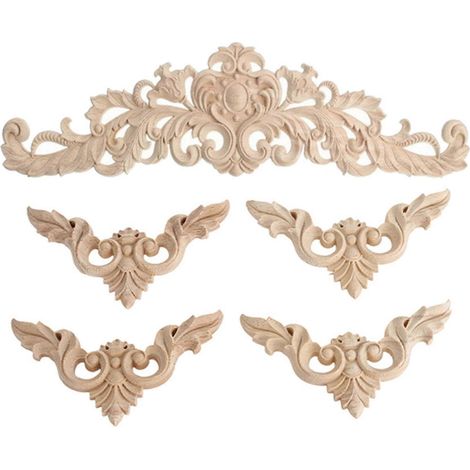Lot de 5 appliques décoratives classiques en bois d'hévéa sculpté, couleur bois naturel, 40 x 12 cm et 8 x 8 cm. (1/5)