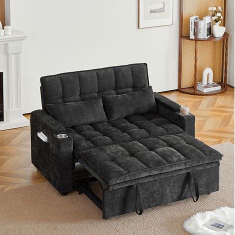 Canapé convertible 3-en-1 142 cm avec rangement, porte-gobelets et coussins lombaires noir OKMYHOME (1/5)