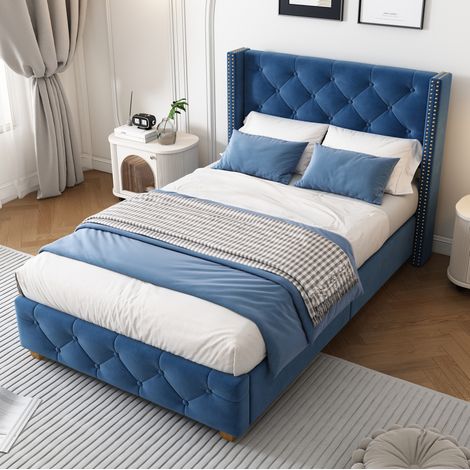 Lit capitonné classique 90x200 cm en velours bleu avec tête de lit à ailes, sommier à lattes et clous décoratifs (1/5)