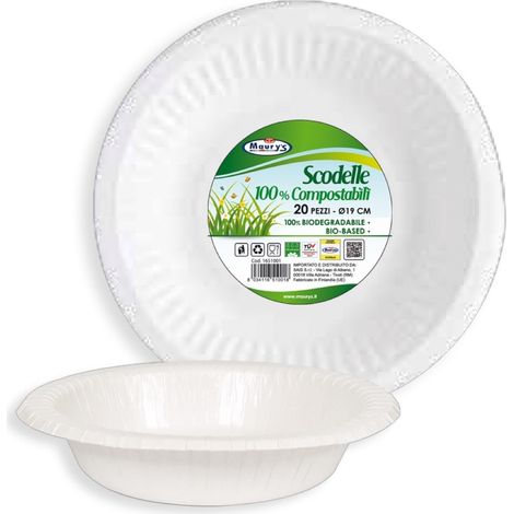 MAURY'S PIATTI SET DA 20 PZ SCODELLA 19 CM COMPOSTABILI BIODEGRADABILI