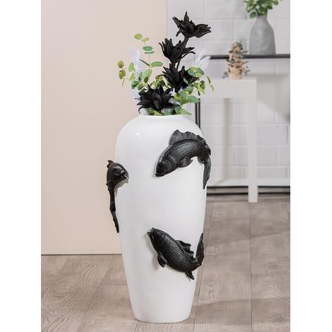 Grand Vase décoratif de Sol – Vase XXL avec Motif Poisson koï – Vase à Fleurs en résine – Décoration du Salon – Couleur : Blanc Noir Hauteur 73 cm (1/2)