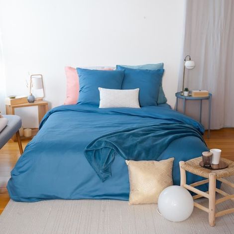 Parure de lit - COTE DECO - Satin - 240x220 cm - 2 taies d'oreiller - Bleu Canard (1/4)