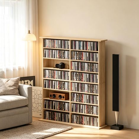 Mobile porta CD DVD Blu-ray 106,5 x 24 x 126,3 cm naturale, 16 vani regolabili - CHICFURN (1/5)
