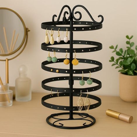Espositore per orecchini, ferro, 168 scomparti, girevole, albero portagioie, H x P 30 x 16,5 cm, nero, Relaxdays (1/4)