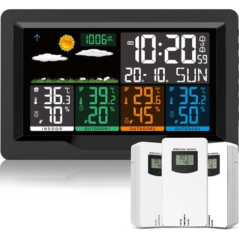 Station Météo sans Fil avec Capteur, Thermomètre Hygromètre Numériques Intérieure/Extérieure, Ecran LCD Couleur, Calendrier l'horloge Réveil Snooze Prévisions Température Humidité 12CM-New (1/5)