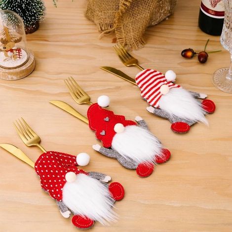 6-teiliges Set weihnachtlicher Besteckbeutel mit gesichtslosen Wichtelmotiven Besteckhalter-Set aus Filz für Messer und Gabeln für Partys und als (1/5)