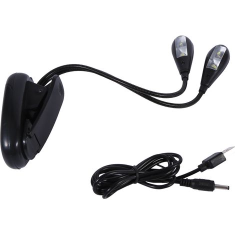 Lampe de lecture à 4 LED avec deux bras flexibles, clip pour tablette et livre, éclairage réglable.