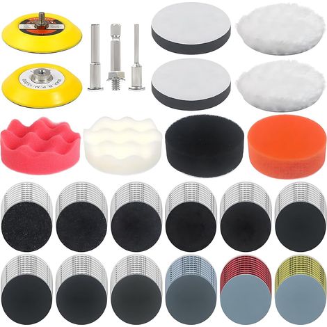 133 Tampons de Polissage - Kit de Polissage 3 Pouces - Éponge et Laine - Pour polir, poncer, cirer - Compatible avec perceuse, voiture, polisseuse (Multicolore) (1/5)