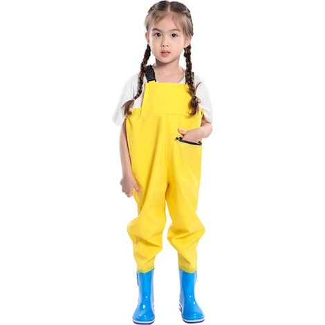 Enfant pantalon de pêche PVC cuir salopette intégrale imperméable tenue marine pêche en mer vêtement étanche combinaison jaune taille 26/27 (1/2)