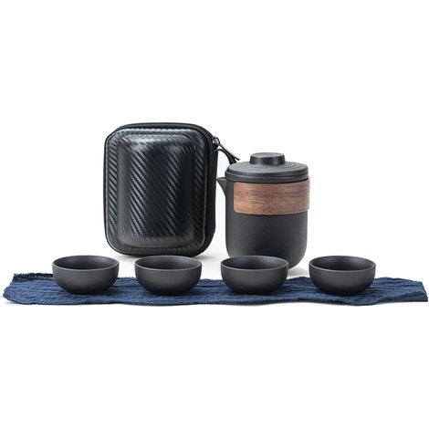 Ensemble de thé portable anti-brûlure, mini théière en céramique avec infuseur, 4 tasses et sac de rangement pour extérieur (1/5)