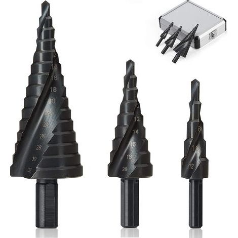 3-Piece Step Drill Bit Set 4-12/20/32mm, HSS Stainless Steel, Titanium Conical Triangle, with Hex Shank, for Drilling and Screwdriver Drilling on Steel, Brass, Wood, and Plastic (1/5)