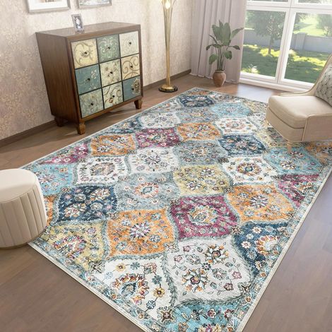 Tapis de salon vintage - 160 x 230 cm - Motif floral - Avec motif losanges - Pour chambre à coucher - Antidérapant - À poils courts - Pour bureau, salle à manger, chambre d'enfant - Jaune (1/5)