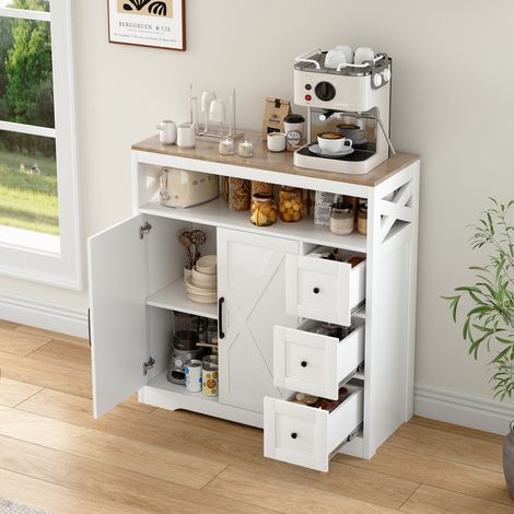Meuble de cuisine avec rangement, Buffet bas 100x40x105cm, Armoire de rangement avec 3 tiroirs et placard, Pour cuisine, salon ou salle à manger, Blanc et Bois