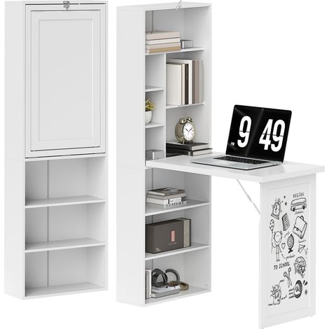 Klappbarer Computertisch mit Bücherregal, Arbeitsplatz, Whiteboard und verstellbarem Regalboden, 98 x 51 x 153 cm, weiß