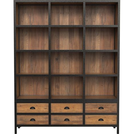 Bibliothèque 6 tiroirs 12 niches en métal et bois de cèdre - SHELBY