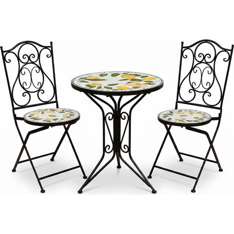 Tavolo Rotondo 60cm 2 Sedie Pieghevoli in Metallo e Ceramica Decoro Limoni Mediterraneo da Esterno o interno Ideale per Giardino Balcone Terrazzo e Portico hotel piscine elegante