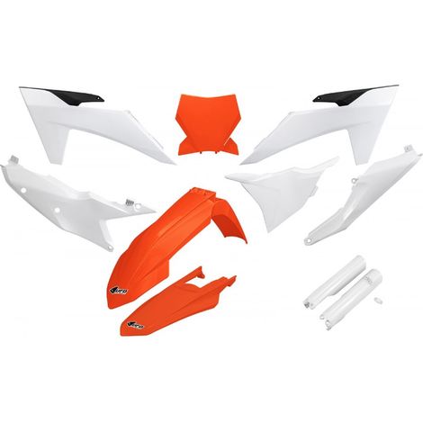 KIT COMPLETO DI PROTEZIONI IN PLASTICA UFO CON AMMORTIZZATORI TELESCOPICI PER KTM SX 125 / 250 / 300 TBI '23-'24, SX-F 250 / 350 / 450 '23-'24 COLORE ORIGINALE BIANCO ARANCIONE