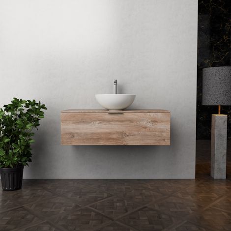 Inda - Badezimmerschrank B.100 mit Aufsatzwaschbecken / Natureiche 1 Schublade - Topazio