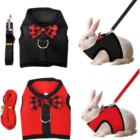 Harnais de lapin réglable, 2 pièces harnais de lapin avec cordon de laisse élastique harnais souple réglable pour petits animaux de compagnie harnais de jogging marche course animal de compagnie lapin (1/5)