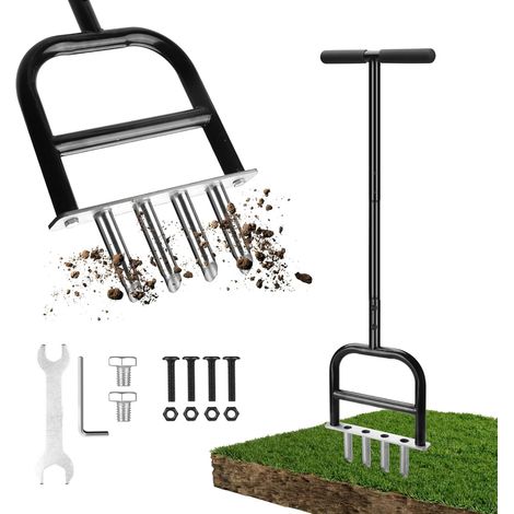 Aérateur de Gazon Manuel en Acier Inoxydable – Core de Pelouse Scarificateur à 4 Dents, Aérateur de Pelouse pour Jardin, Terrain de Sport et Espaces Verts (1/5)