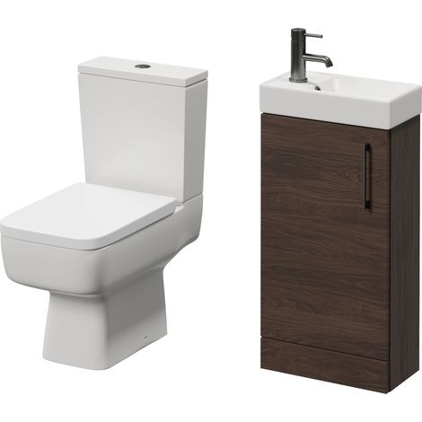 Napoli Cube Brown Oak 400mm Single Door Vanity Unit and Toilet Suite with Align Basin - 400mm - Gunmetal Grey 160mm Handle