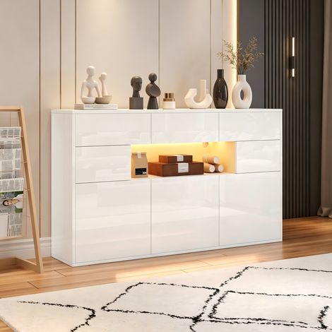 Credenza bassa 140 x 30 x 94 cm — mobile da soggiorno con 3 cassetti, 5 ante, illuminazione LED controllata tramite app, MDF laccato bianco, 5 gambe in metallo (1/5)