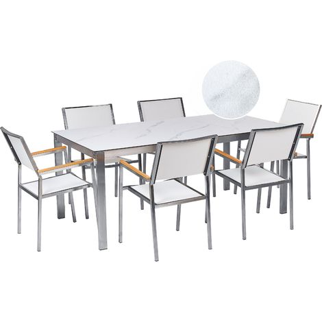 Conjunto de jardín moderno 6 plazas de acero inoxidable mesa comedor tablero de vidrio efecto mármol sillas de textileno blanco Cosoleto/Grosseto