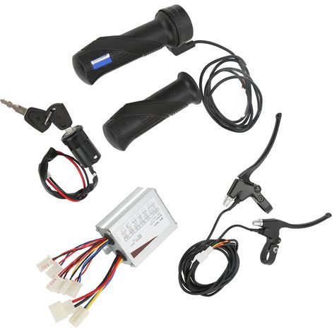 Kit de conversion pour vélo électrique comprenant un contrôleur de moteur à balais 24 V 500 W, une poignée de frein avec verrouillage électrique de porte et une poignée d'accélérateur universelle. (1/5)
