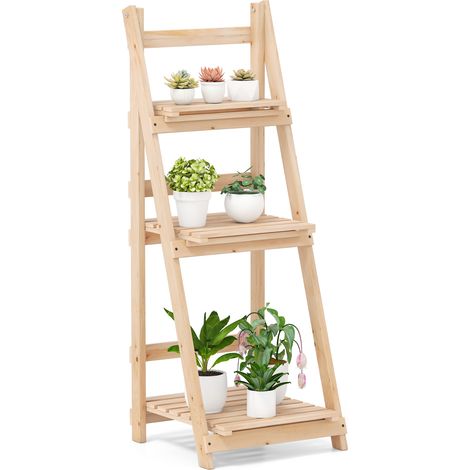 COSTWAY 3-Tier Wooden Plant Stand Foldable Ladder Storage Shelf-Coffee (1/5)