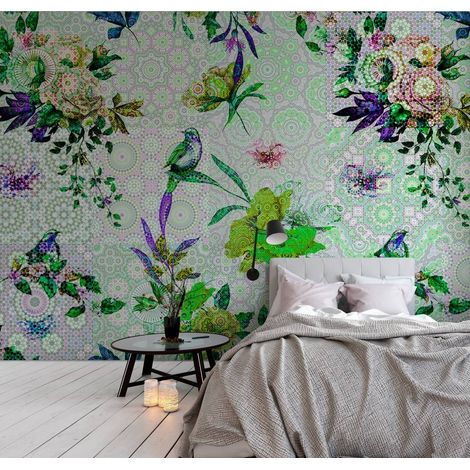 Papier peint panoramique nature design | Tapisserie panoramique verte idéale pour bureau | Papier peint panoramique floral pour salon - 270 x 400 cm (4 pièces) (1/5)