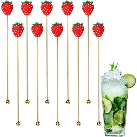 Set mit 10 goldfarbenen Edelstahl-Rührstäbchen mit Erdbeer-Silikonspitzen, dekorative Rührstäbchen für Cocktails, Kaffee, Tee und Sommerpartys (1/5)