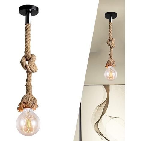 Porte Suspension Vintage E27 en Corde de Chanvre Rétro - Cable Electrique Plafond Lustre Industrielle 50cm - Support pour Lampe Café Salon (1/5)