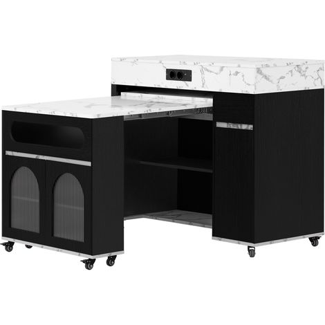 Isla de cocina con ruedas y mesa extensible negra con enchufes, cristal y cajón MODENUIT (1/5)