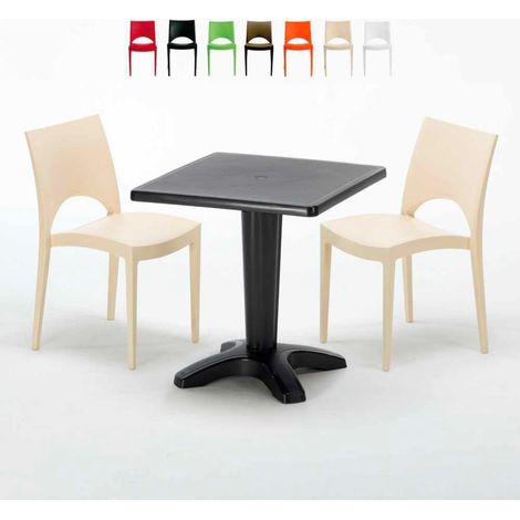 Table Carrée Noire 70x70cm Avec 2 Chaises Colorées Grand Soleil Set Bar Café Paris Aia - Beige