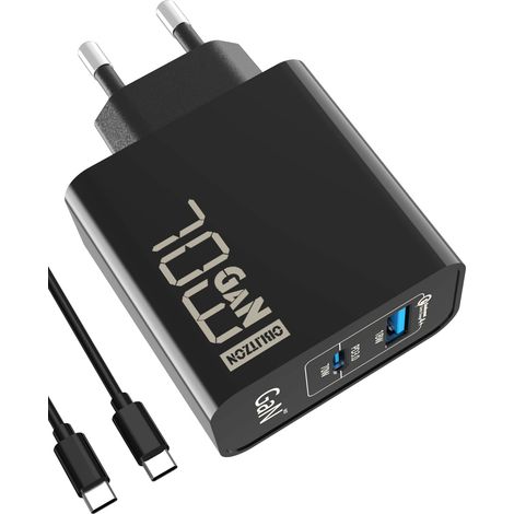 70W USB C Chargeur Rapide, PD GaN Chargeur 2 Ports Adaptateur Type C Noir avec câble 100W pour 15, 14/13, iPad Pro, S22/S21 (1/5)