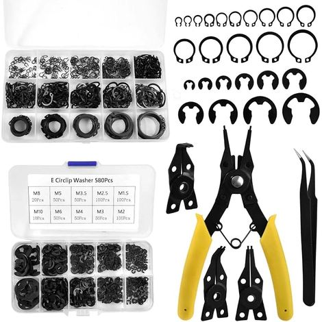 1036 PCS C-clip Anneaux de retenue externes Kit d’anneaux élastiques Acier allié (M3-M25) + Jeu de rondelles de blocage E-clip (M1.5-M10) + Pince à anneau élastique + Pince à épiler (1/4)