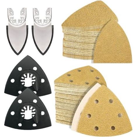 104PCS kit de plateaux ponçage multitool 93mm pour ponceuse delta disponible en plusieurs triangulaires grains adapté aux espaces restreints bois - (1/5)