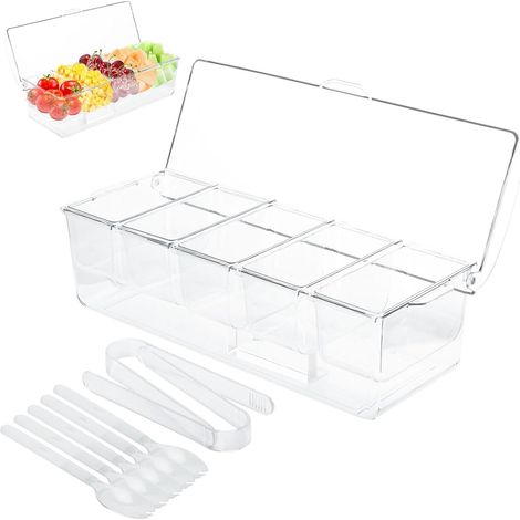 1 Plateau Réfrigéré, 5 Compartiments Amovibles, Couvercle Inclus, Cuillères Et Clips, Pour Fruits Sauces Salades (1/5)