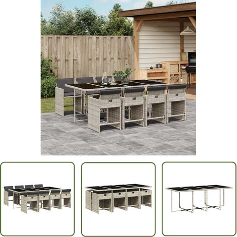 The Living Store Ensemble à manger de jardin et coussins 9 pcs gris clair rotin - Salon De Jardin - Meuble De Jardin - Set Salon De Jardin - Résine Tressée - Mobilier Extérieur (1/5)