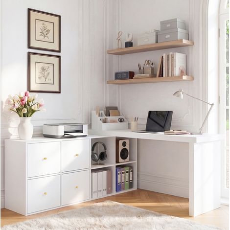 Bureau d'angle pivotant 140x120x78 cm en MDF blanc, 8 rangements pour petit espace – MEUBLIV (1/5)