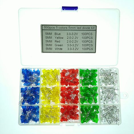 500Pcs LED Diode Lights 5 Colors 5mm Light Emitting Diodes LED Assortment Kit Diffused Round Light Bulbs (1/5)