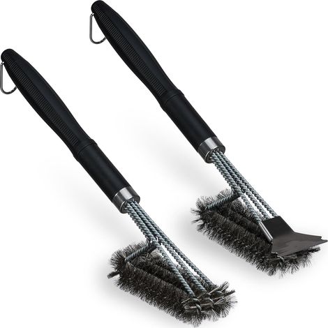 Set di 2 spazzole triple per barbecue, raschietto per una delle spazzole, setole in acciaio inossidabile, nero (1/5)