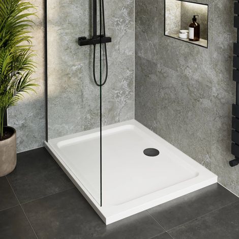 900 x 800mm Bathroom Low Profile White Shower Tray for Enclosure Black Waste (1/5)